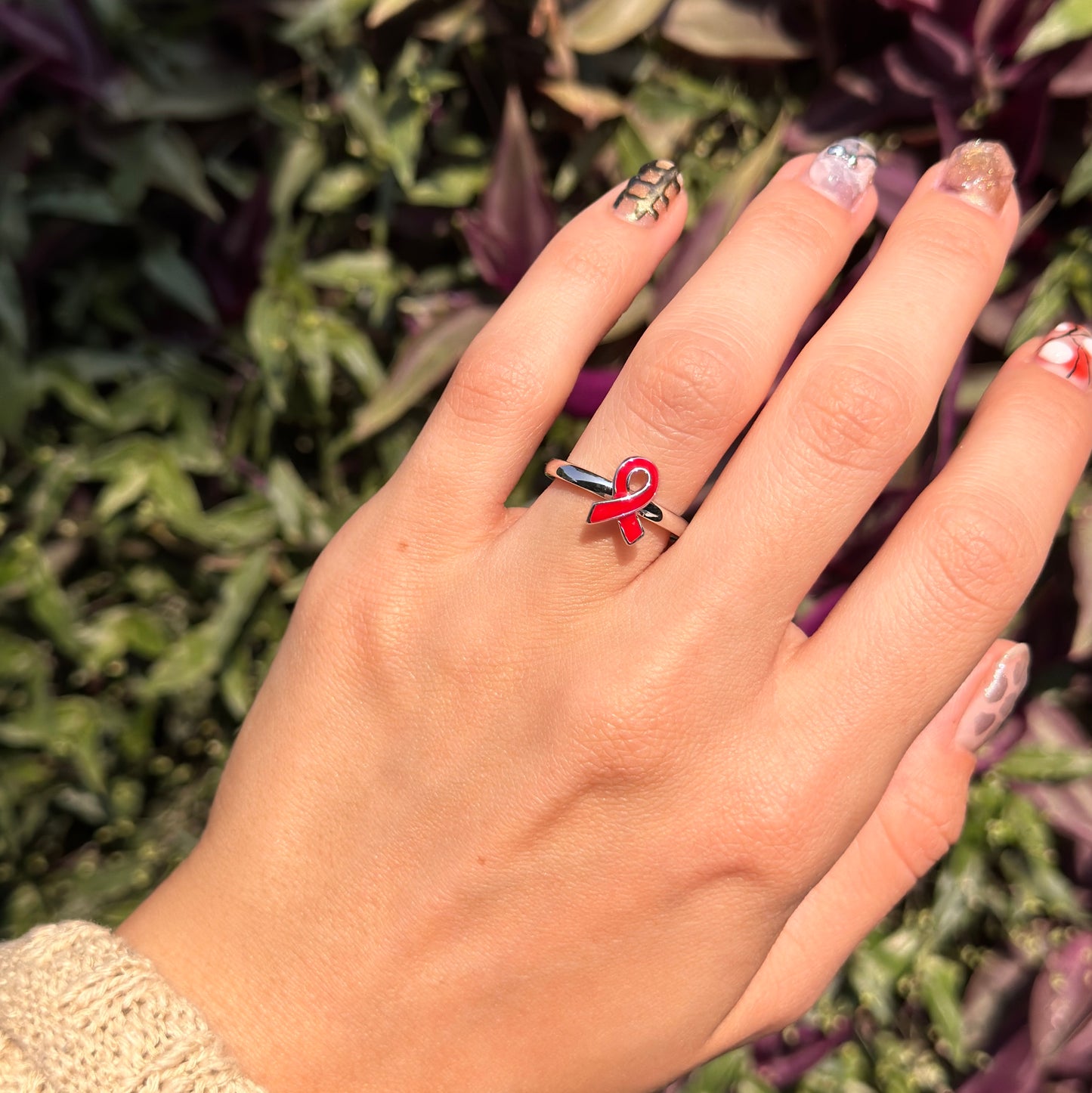 Sterling Silver Red Enamel Awareness Ribbon Ring