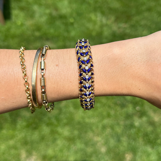 Estate Mid Century 18KT Yellow Gold Lapis Blue Enamel Round Diamond Bracelet
