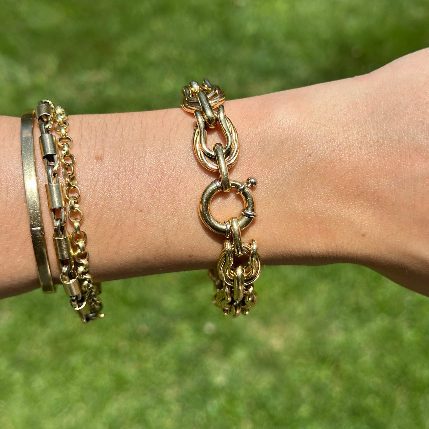 Estate 18KT Yellow Gold Toggle Clasp Horse-Bit Bridle Links Textured Bracelet