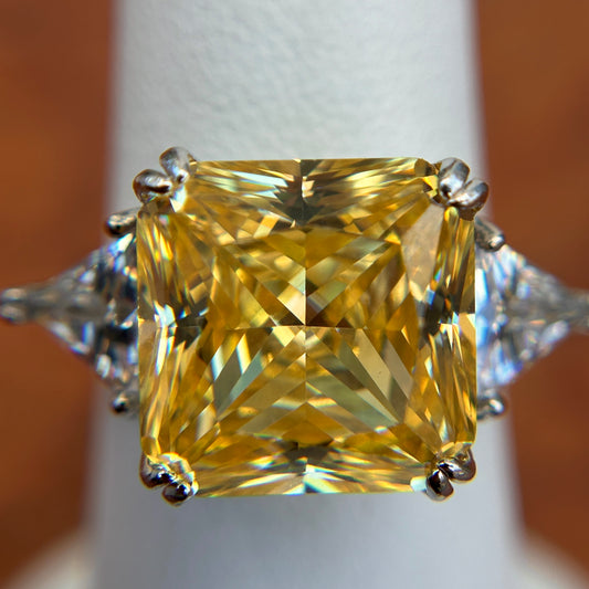 Estate Sterling Silver + 18KT White Gold Yellow CZ Radiant Ring