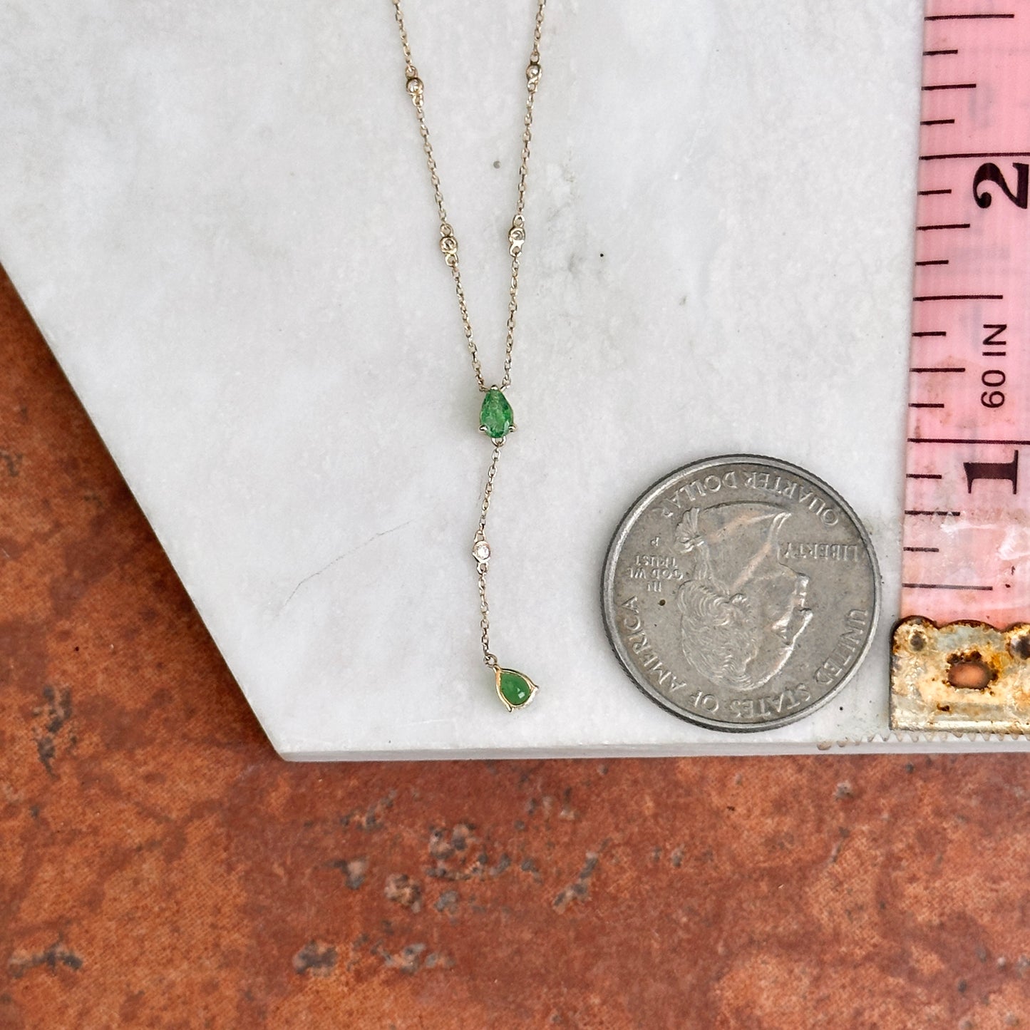 Estate 14KT Yellow Gold Pearl Emerald + Diamond Station Lariat Necklace