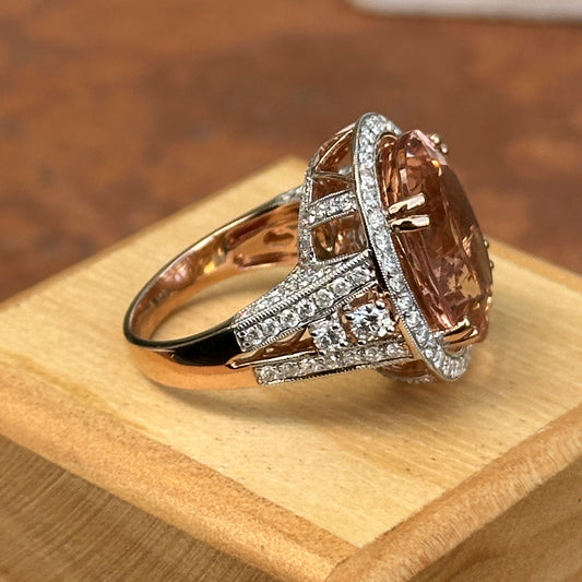 Estate 14KT White Gold 12 CT Oval Morganite + Halo Diamond Ring