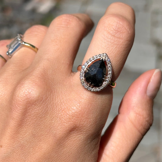 14KT Rose Gold Paul Klecka Pear Black Diamond + Diamond Halo Ring