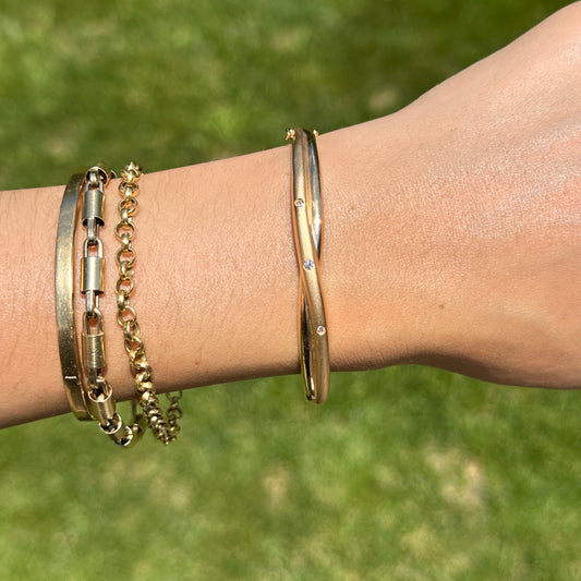 Estate 14KT Yellow Gold Gypsy Diamond Matte & Shiny Bangle Bracelet