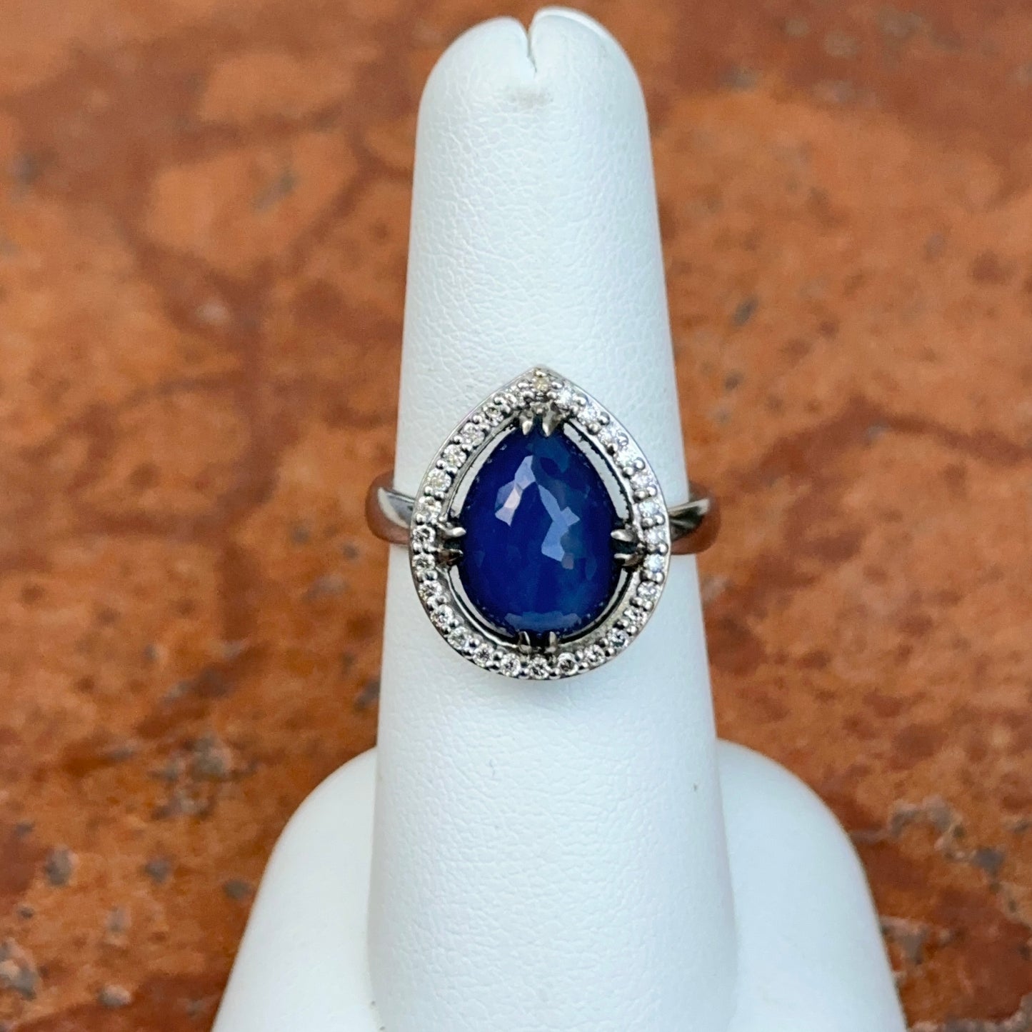 14KT White Gold Paul Klecka Pear Blue Sapphire + Diamond Halo Ring