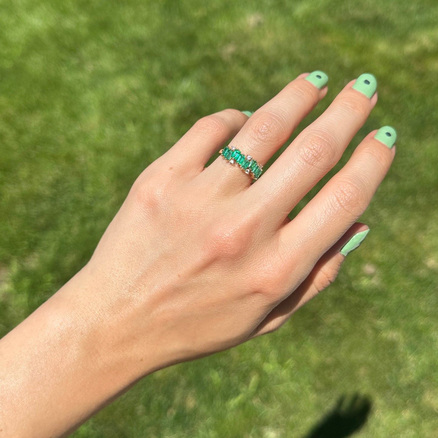 Estate 14KT Yellow Gold Baguette Emerald + Diamond Ring