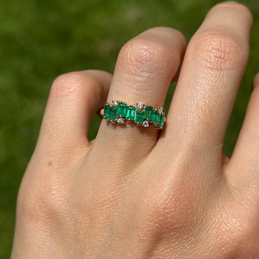 Estate 14KT Yellow Gold Baguette Emerald + Diamond Ring