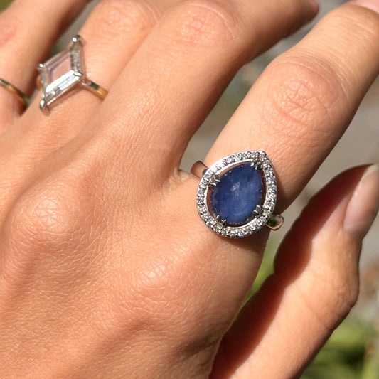 14KT White Gold Paul Klecka Pear Blue Sapphire + Diamond Halo Ring