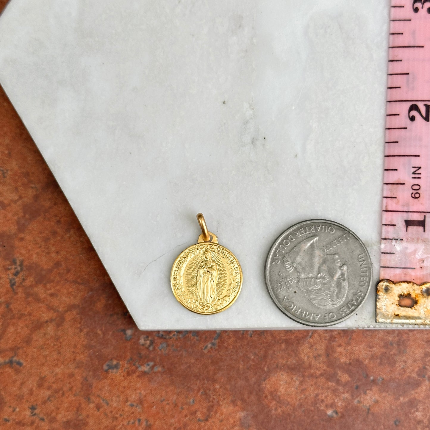 14KT Yellow Gold Our Lady of Guadalupe Round Matte Medal Pendant 16mm
