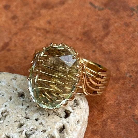 Estate 10KT Yellow Gold Green Amethyst Filigree Ring