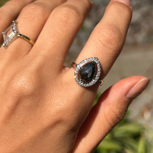 14KT White Gold Paul Klecka Pear Black Diamond + White Diamond Halo Ring