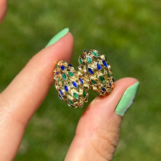 Estate Mid Century 14KT Yellow Gold Blue + Green Enamel Filigree Bypass Ring
