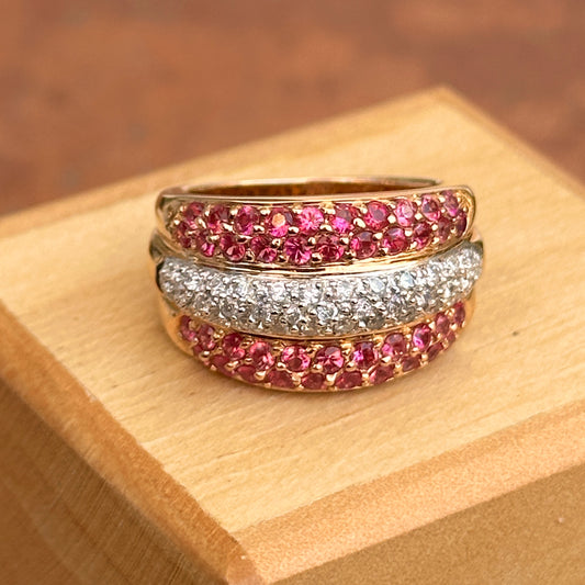Estate 18KT Rose Gold Domed Pave Ruby + Diamond Ring