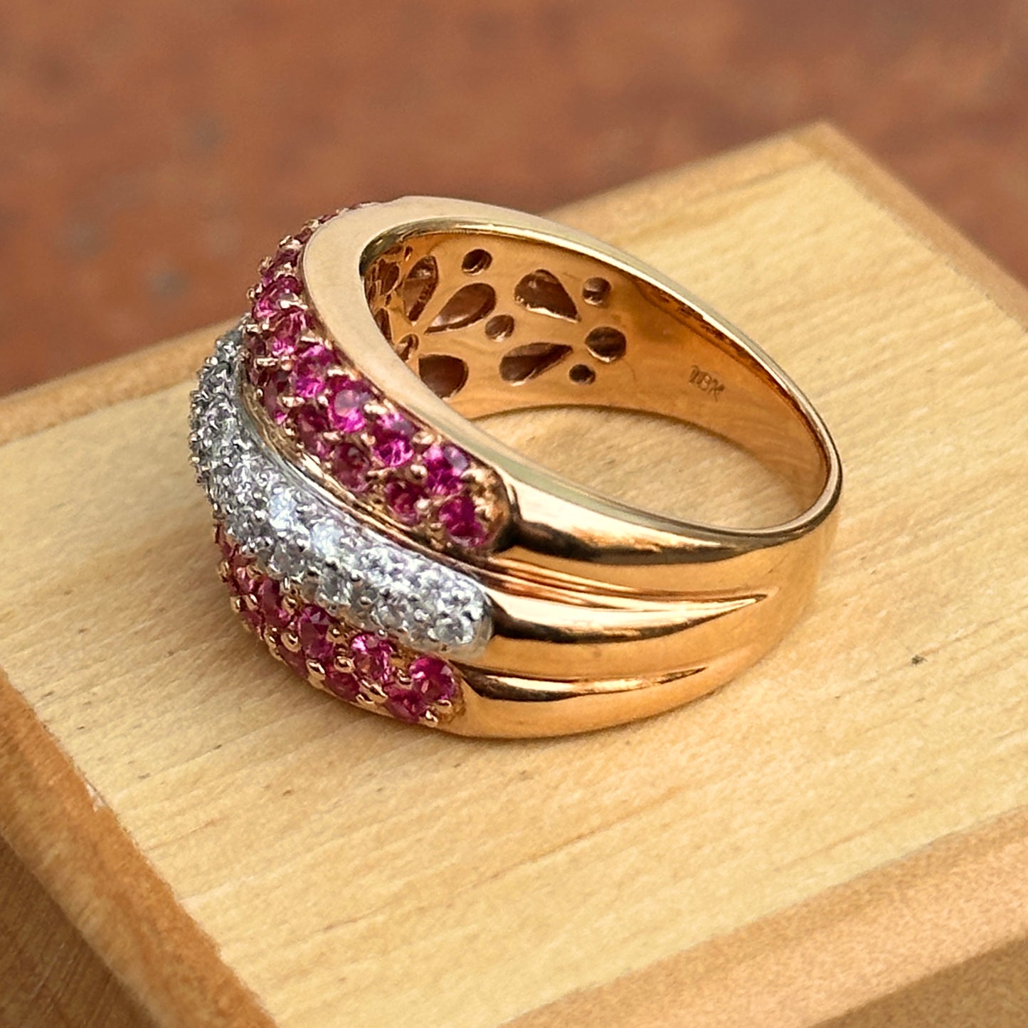 Estate 18KT Rose Gold Domed Pave Ruby + Diamond Ring