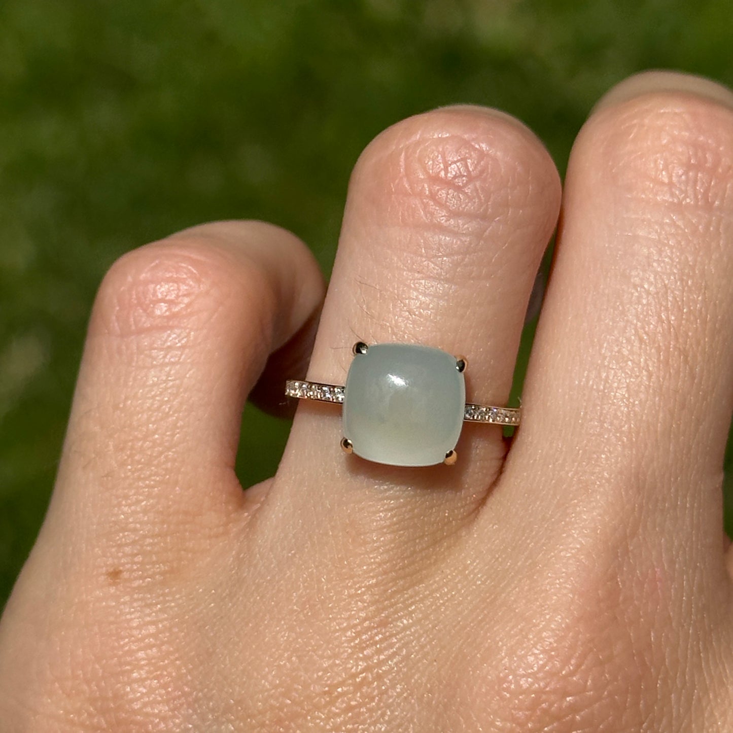 Estate 14KT Yellow Gold Cabochon Green Chalcedony + Diamond Ring