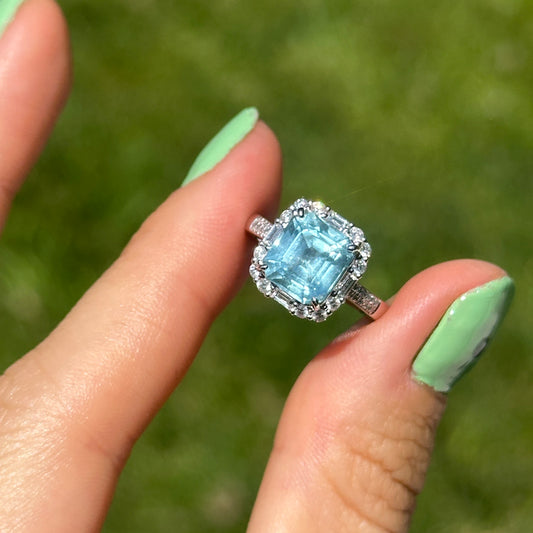 Estate 14KT White Gold Square Cut Aquamarine + Round and Baguette Diamond Halo Accent Ring