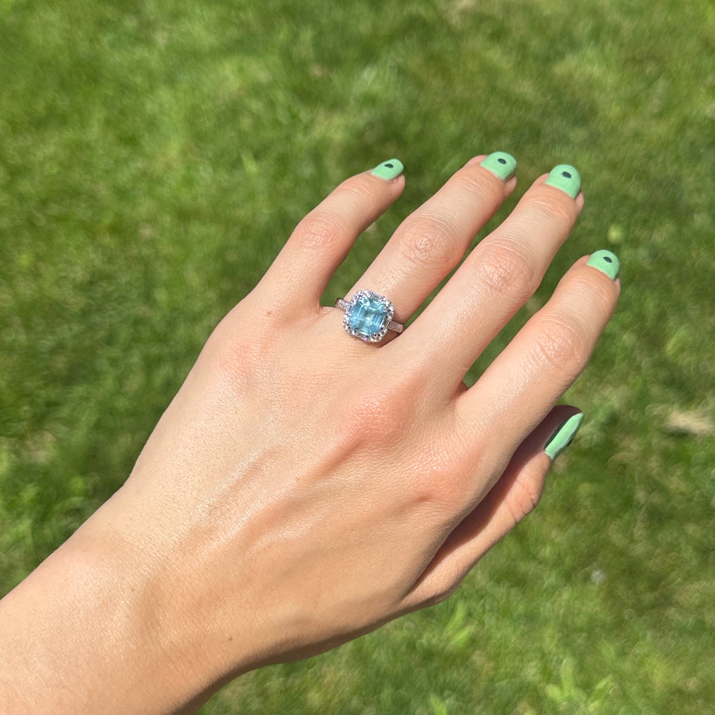 Estate 14KT White Gold Square Cut Aquamarine + Round and Baguette Diamond Halo Accent Ring