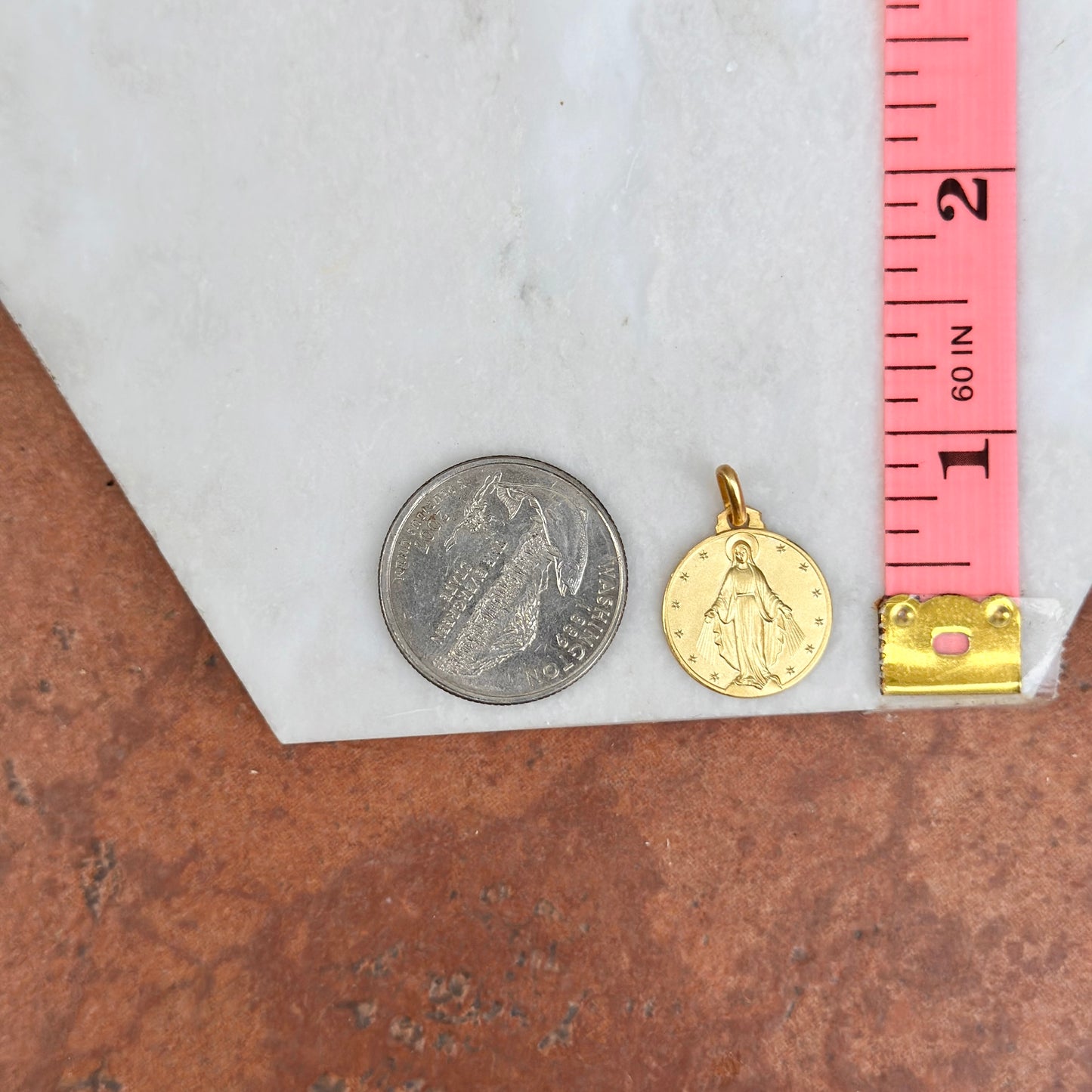 14KT Yellow Gold Matte Miraculous Mary Medal Round Medal Pendant 16mm