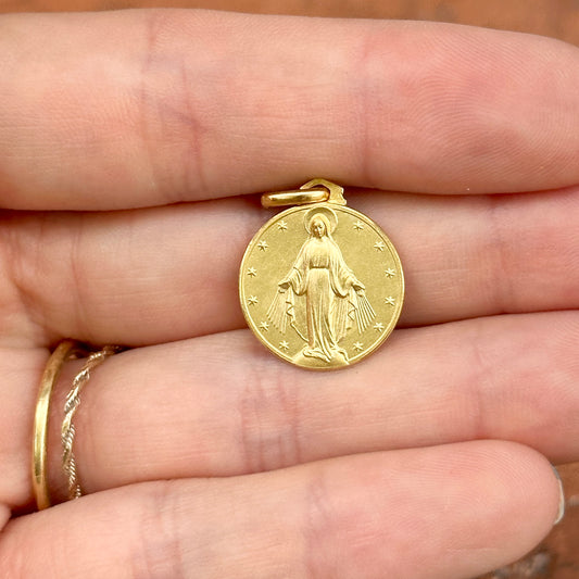 14KT Yellow Gold Matte Miraculous Mary Medal Round Medal Pendant 16mm