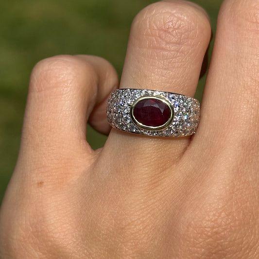 Estate 18KT Yellow Gold Oval ruby + Diamond Dome Ring