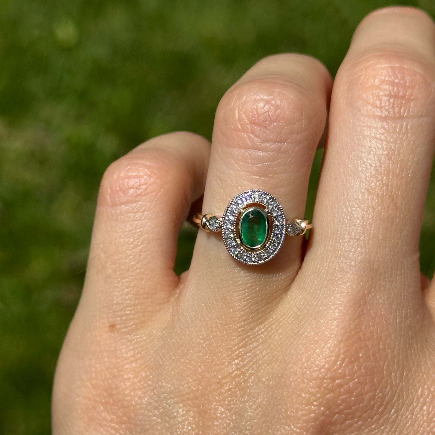Estate 10KT Yellow Gold Oval Emerald + Diamond Double Halo Ring