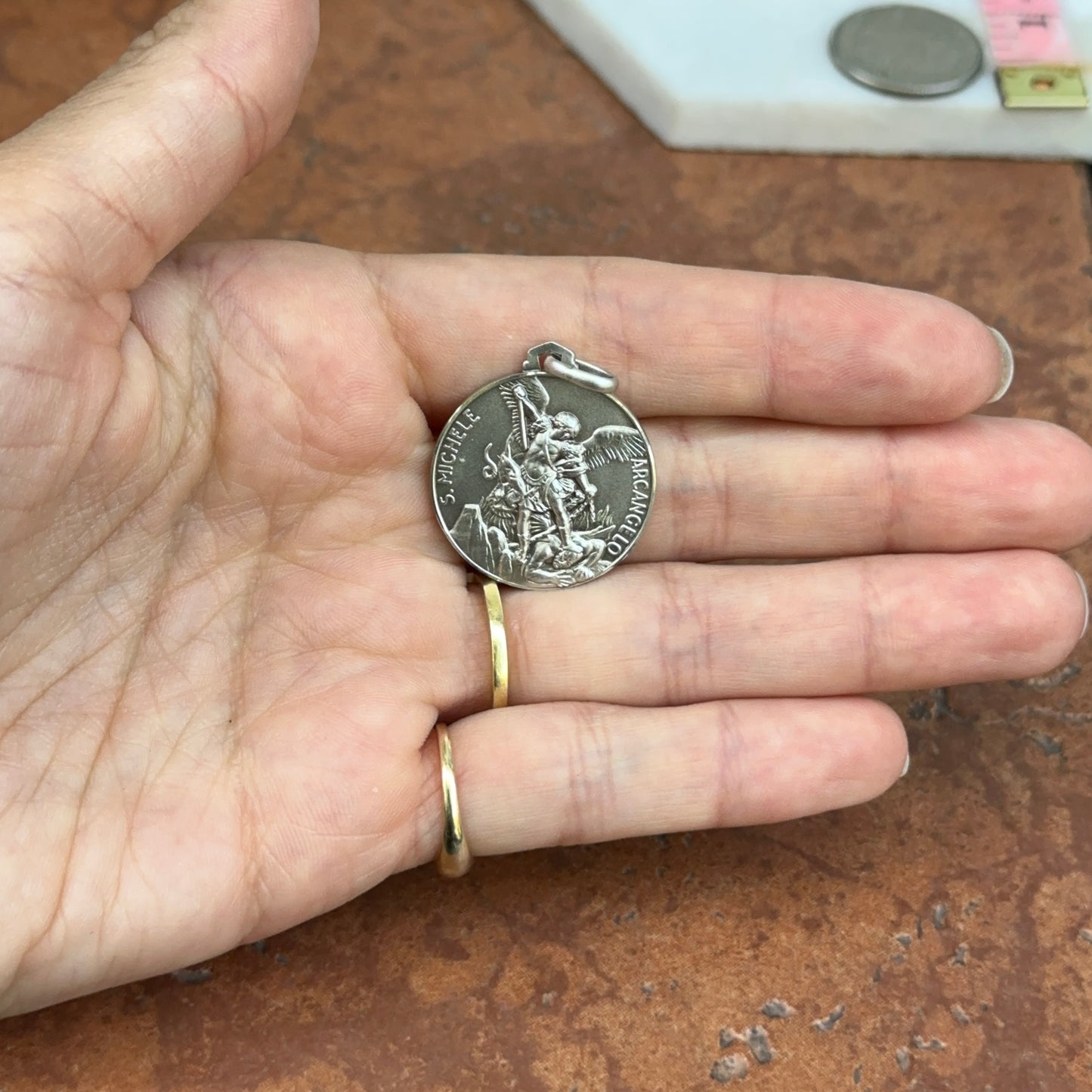 Sterling Silver Antiqued St Michael Medal Pendant 25mm - LSJ