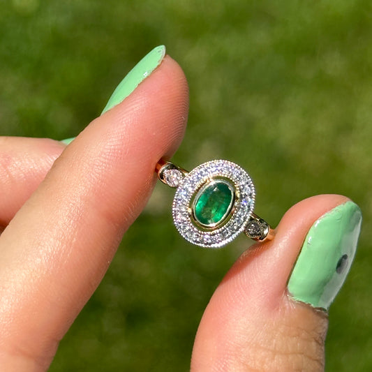 Estate 10KT Yellow Gold Oval Emerald + Diamond Double Halo Ring