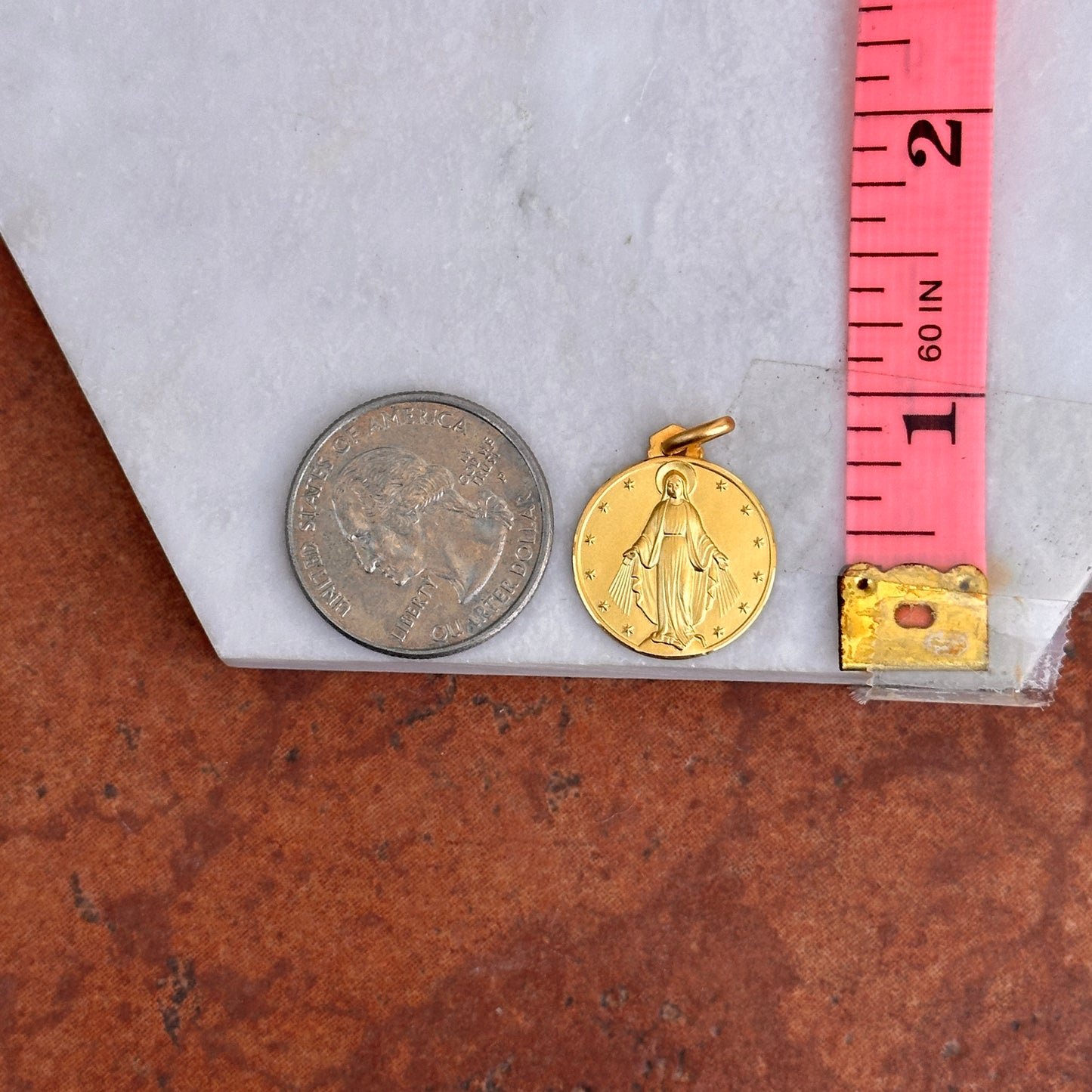 18KT Yellow Gold Matte Miraculous Mary Medal Round Pendant 18mm