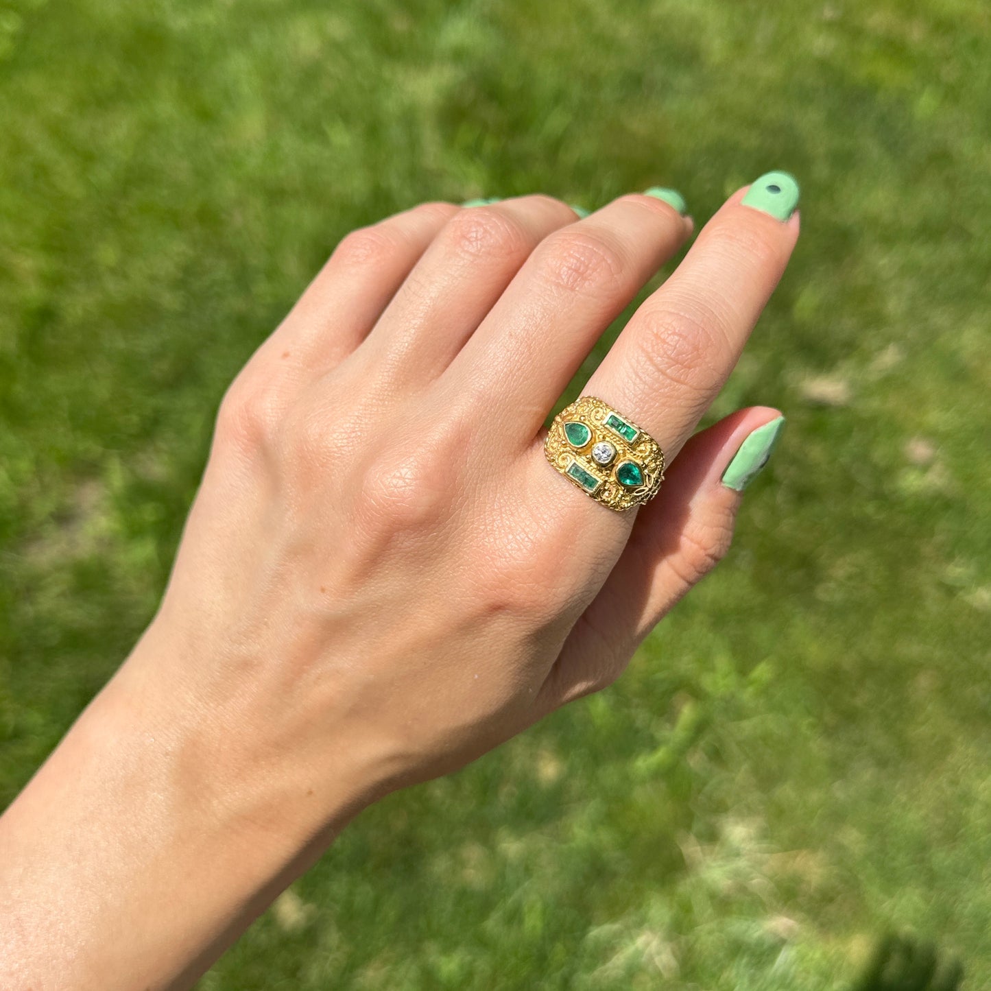 Estate Byzantine 18KT Yellow Gold Colombian Square Pear Emeralds + Diamond Ring