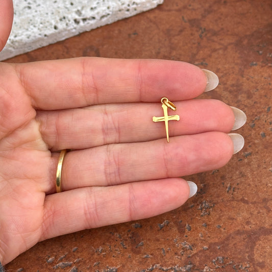 14KT Yellow Gold Matte Nail Design Small Cross Pendant Charm