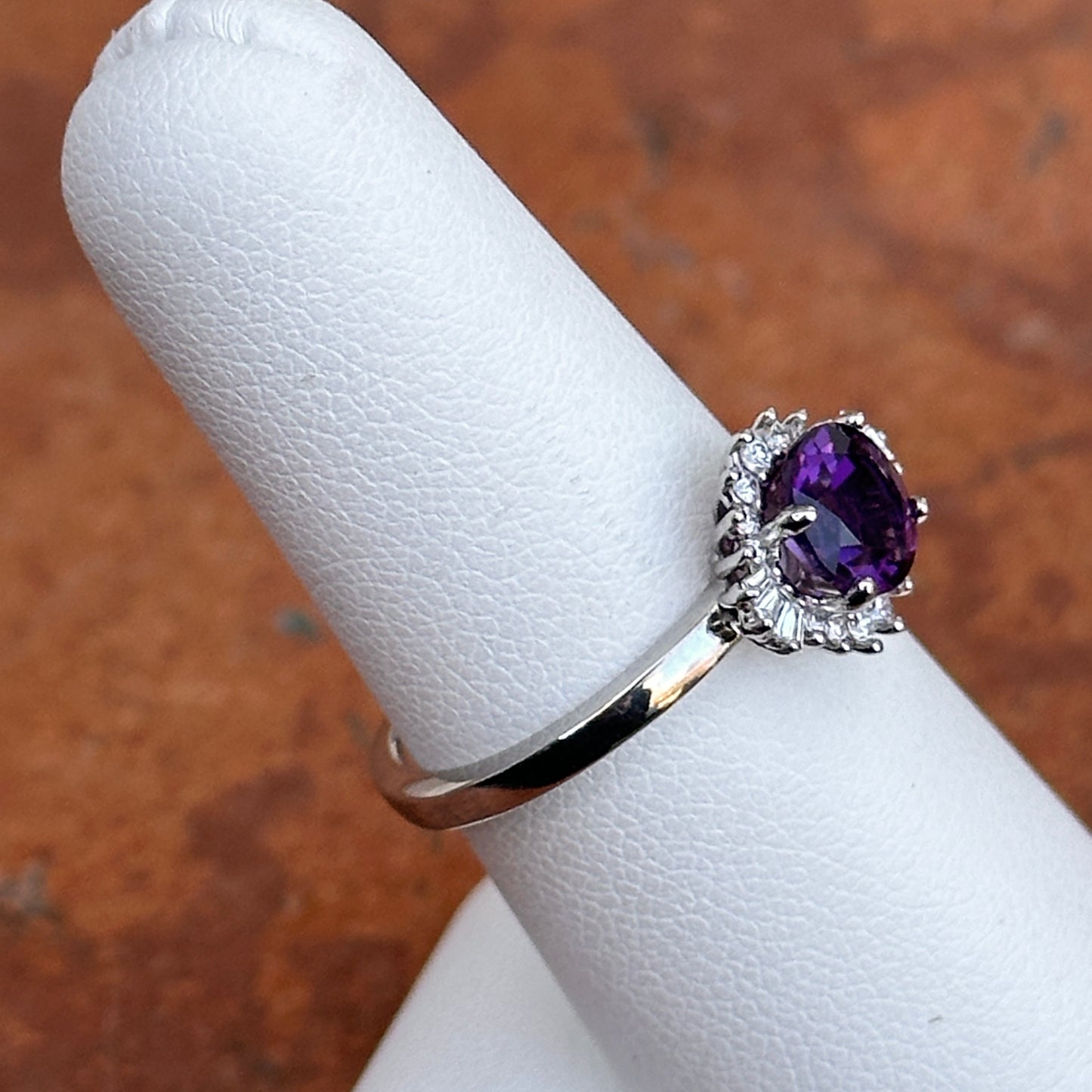 14KT White Gold Round Amethyst + Diamond Ballerina Ring