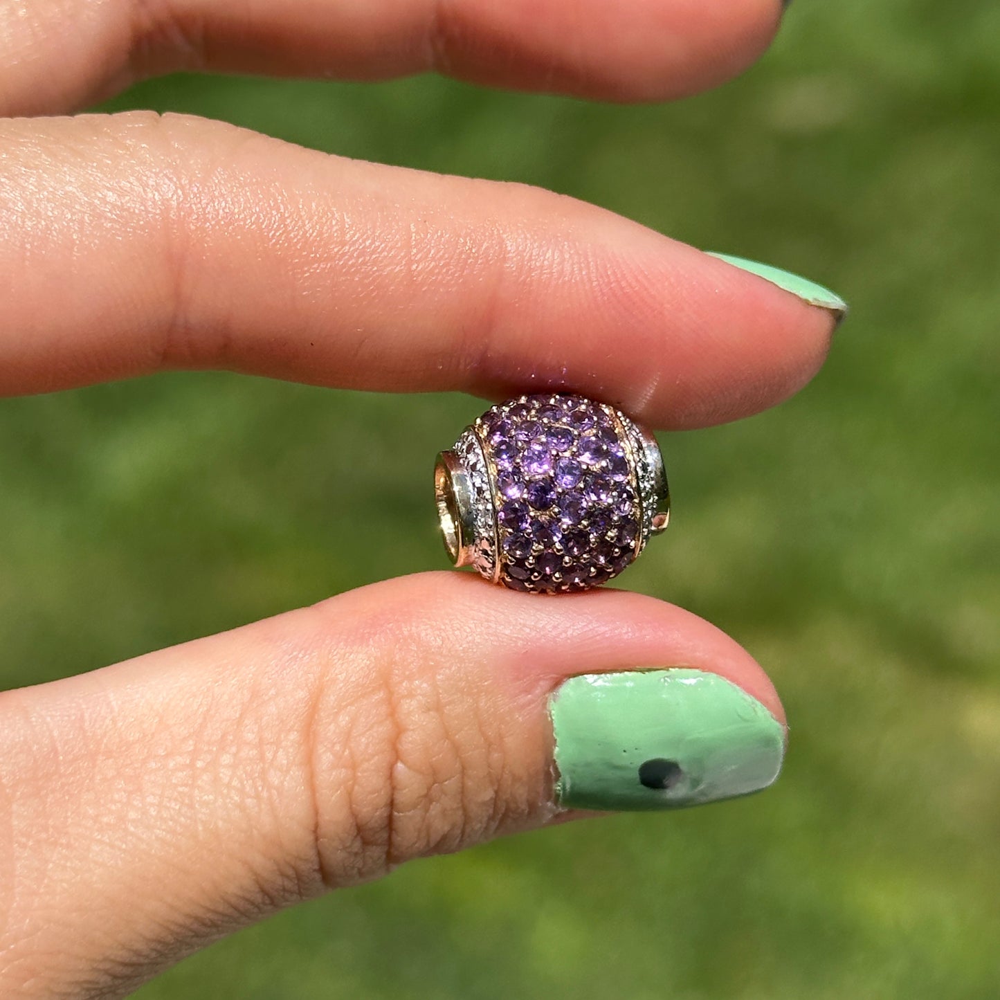 Estate 10KT Yellow Gold Pave Amethyst + Diamond Ball Slide Pendant Charm