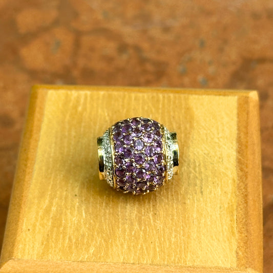Estate 10KT Yellow Gold Pave Amethyst + Diamond Ball Slide Pendant Charm