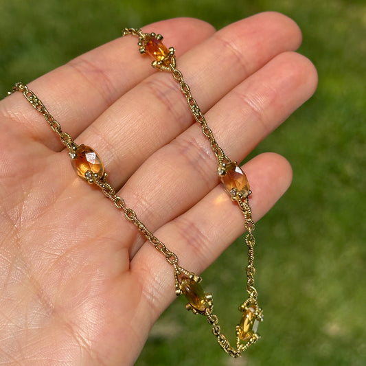 Estate Judith Ripka 18KT Yellow Gold Diamonds + Checkerboard Oval Citrine Station Textured Chain Necklace