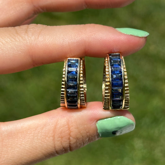 Estate 14KT Yellow Gold Baguette Sapphire Channel Set Back and Front Graduated Hoop Earrings