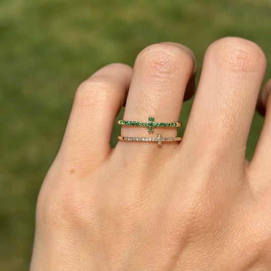 Estate 14KT Yellow Gold Emerald + Diamond Double Cross Ring