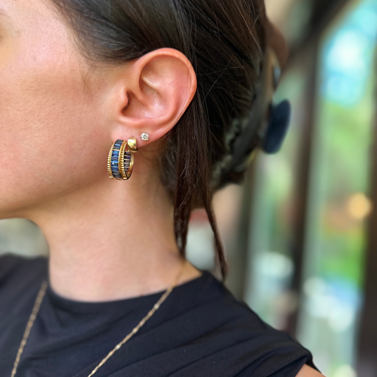 Estate 14KT Yellow Gold Baguette Sapphire Channel Set Back and Front Graduated Hoop Earrings