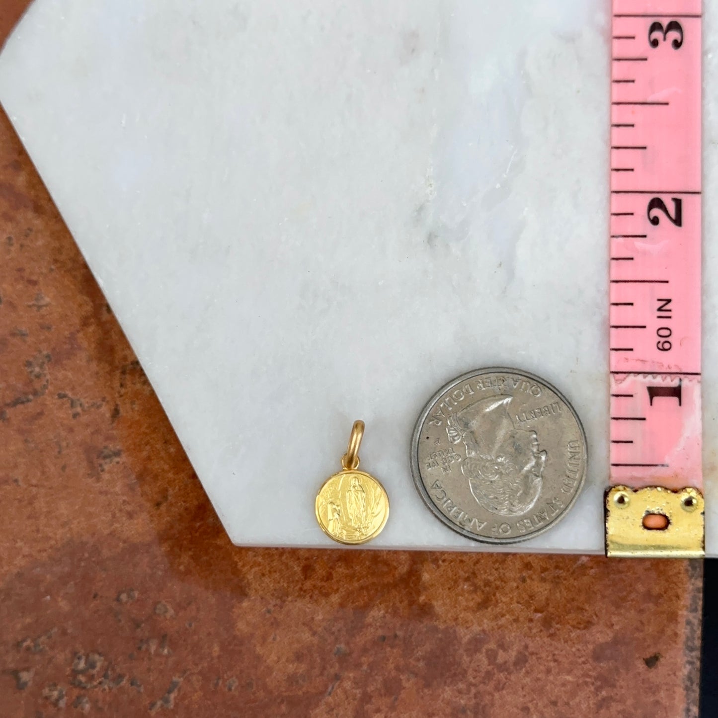 14KT Yellow Gold Matte Our Lady of Lourdes Round Medal Pendant Charm 10mm