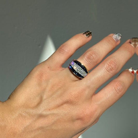 Estate Ambar 18KT Yellow Gold Princess-Cut Diamond and Blue Sapphire Band Ring