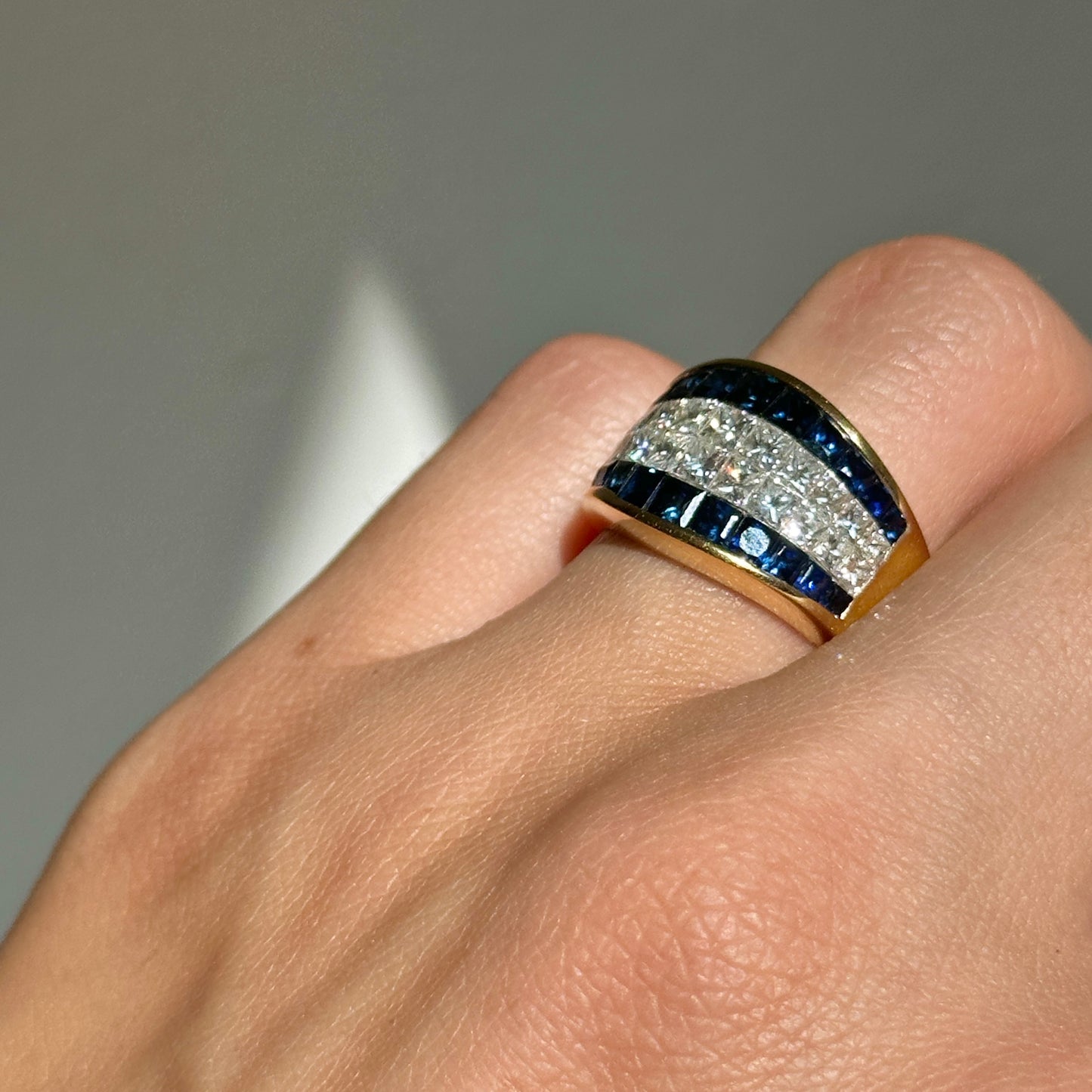 Estate Ambar 18KT Yellow Gold Princess-Cut Diamond and Blue Sapphire Band Ring