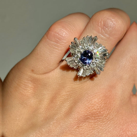 Estate 18KT White Gold Oval Tanzanite + Baguette Diamond Ballerina Ring