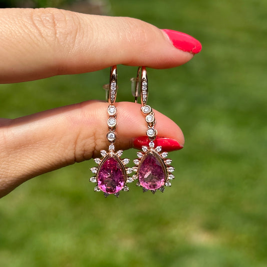 14KT Rose Gold Pear Pink Tourmaline + Diamond Halo Dangle Earrings