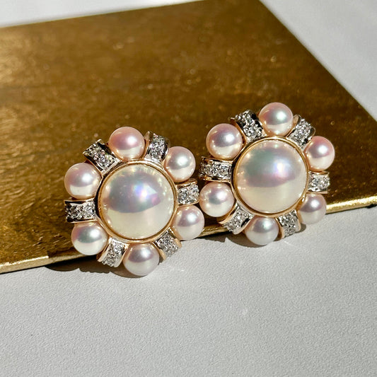 Estate Rita Tubus 14KT Yellow Gold Pearl + Pave Diamond Clip-On Earrings