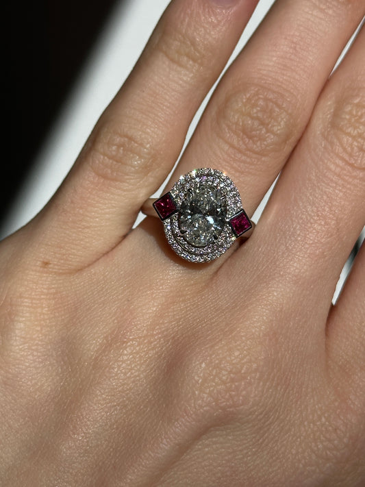 Estate 18KT White Gold Oval Lab Diamond Halo + Ruby Ring