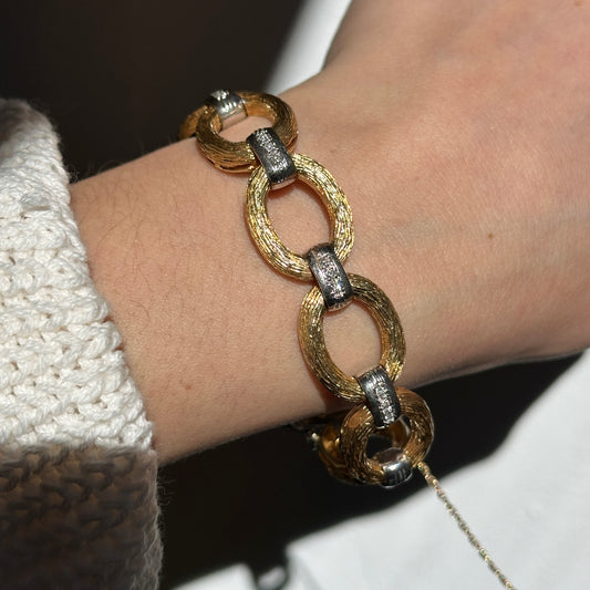 Estate 14KT Yellow Gold Mid Century Matte Oval Diamond Links Bracelet