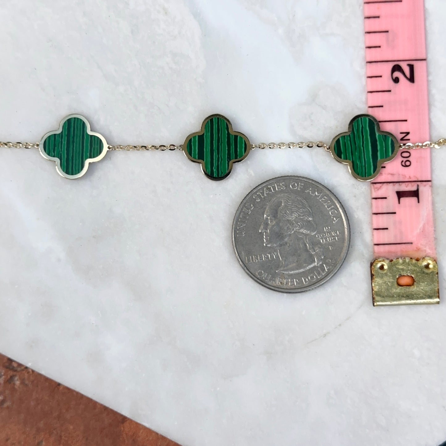 14KT Yellow Gold 14mm Green Malachite Clover Station Chain Bracelet