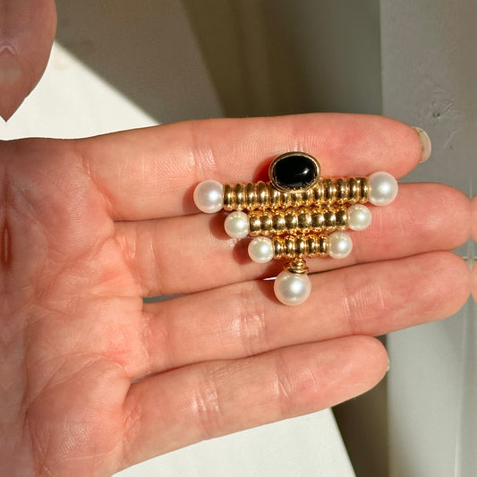 Estate 14KT Yellow Gold Pearl + Garnet Corrugated Pin Brooch