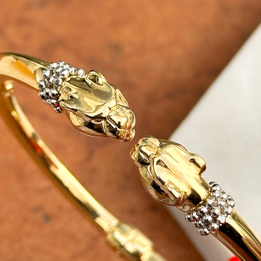 Estate 18KT Yellow White Gold + Diamond Double Panther Head Cuff Bracelet