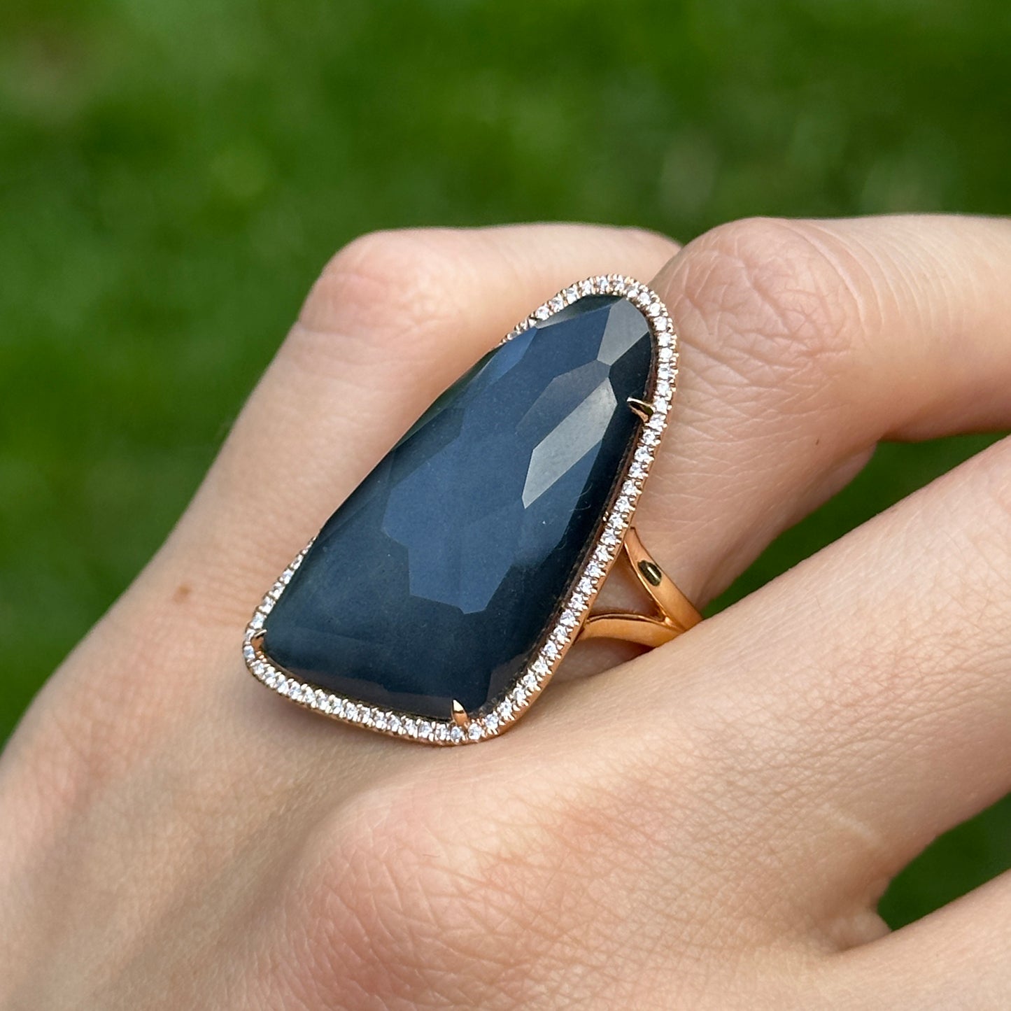 18KT Yellow Gold Irregular Shape White Topaz Hematite + Diamond Halo Ring