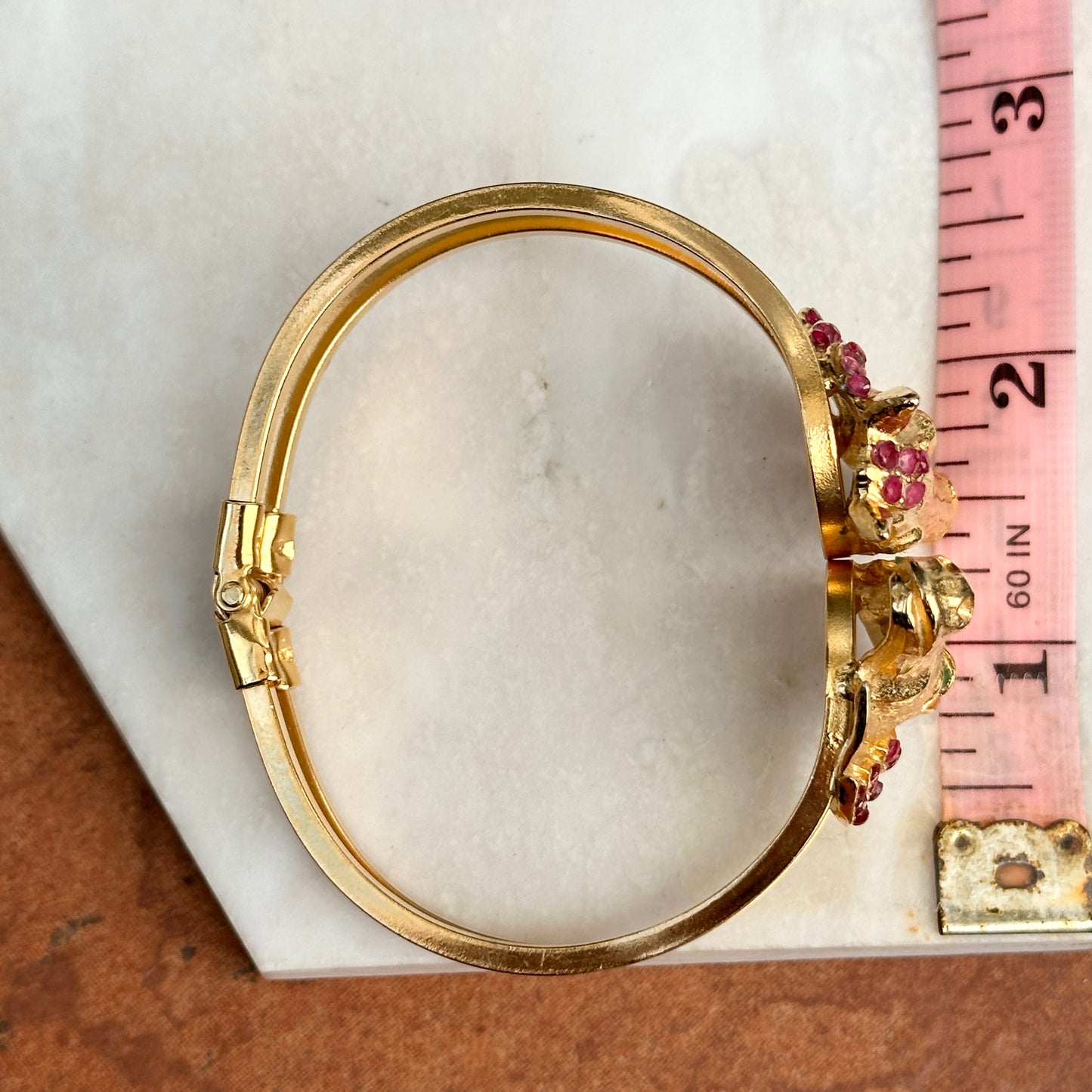 Estate Yellow Gold Tone Horse Head Cuff + Genuine Rubies and Emeralds Bracelet - LSJ